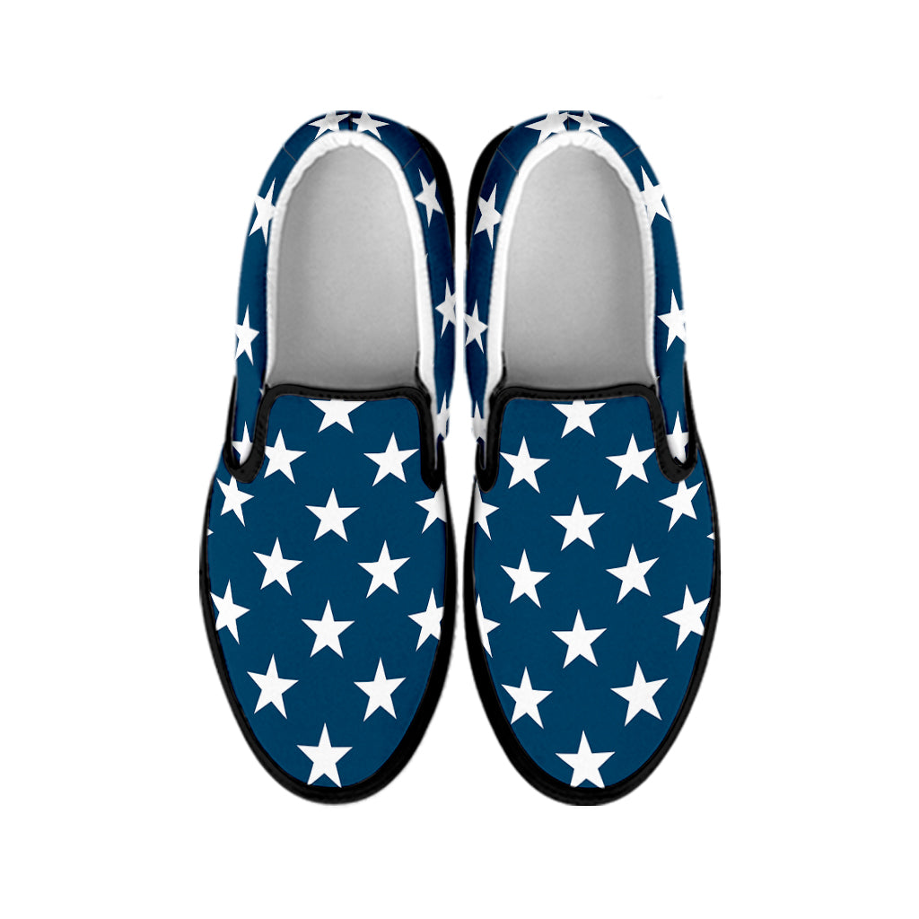 White And Blue USA Star Pattern Print Black Slip On Shoes