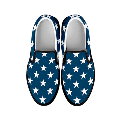 White And Blue USA Star Pattern Print Black Slip On Shoes