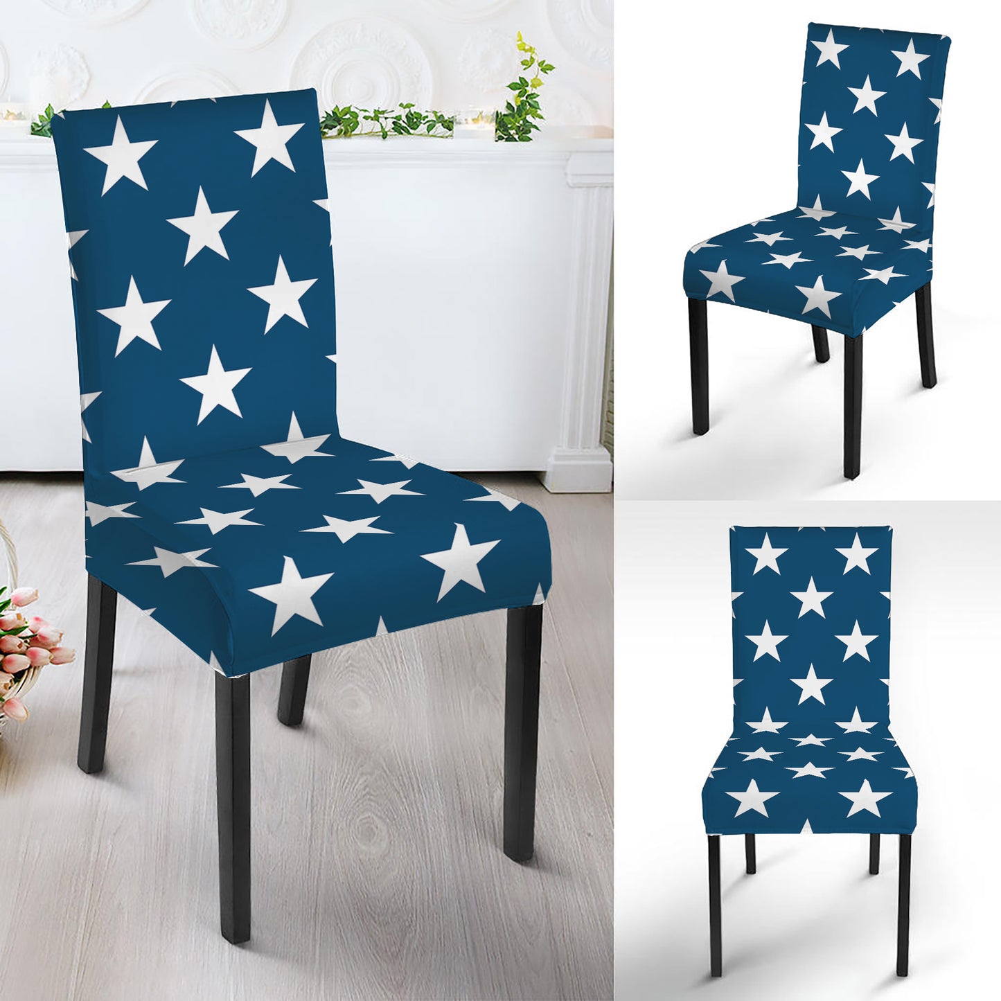 White And Blue USA Star Pattern Print Dining Chair Slipcover
