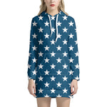 White And Blue USA Star Pattern Print Hoodie Dress