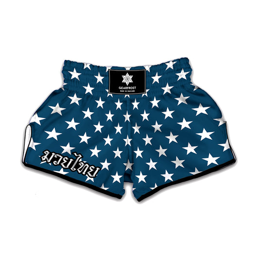 White And Blue USA Star Pattern Print Muay Thai Boxing Shorts