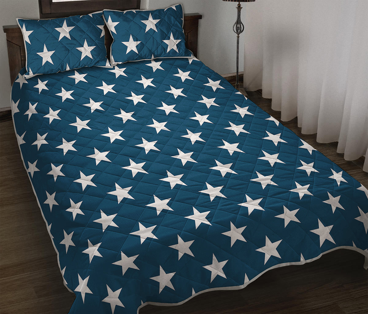 White And Blue USA Star Pattern Print Quilt Bed Set