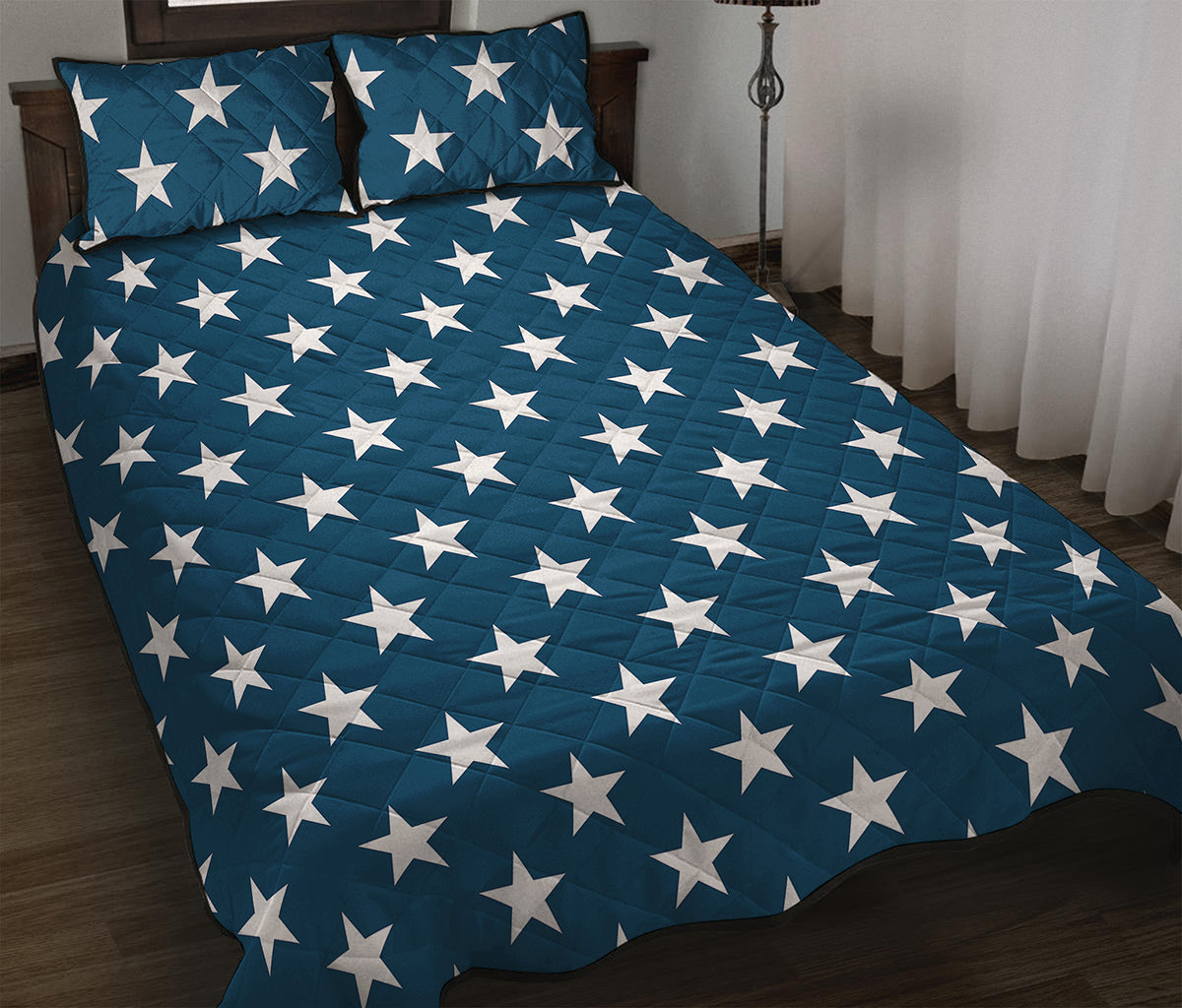 White And Blue USA Star Pattern Print Quilt Bed Set