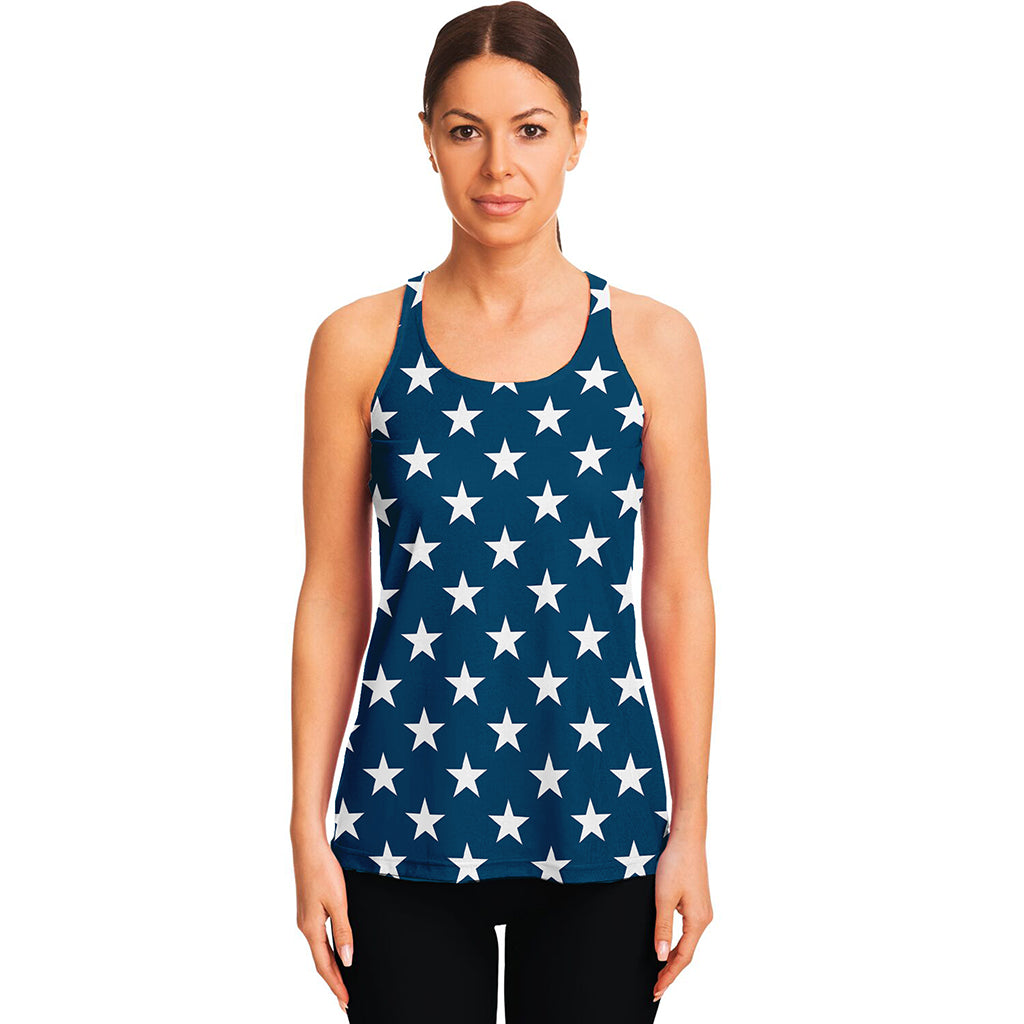 White And Blue USA Star Pattern Print Women's Racerback Tank Top