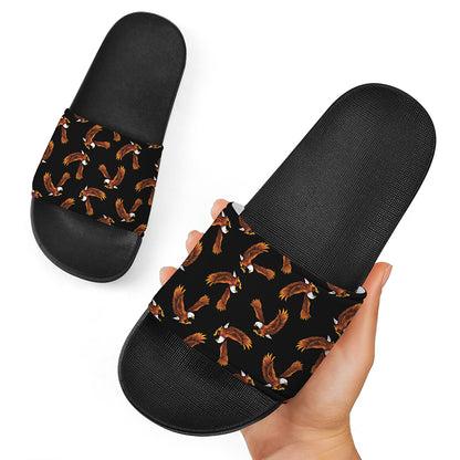 White And Brown Eagle Pattern Print Black Slide Sandals