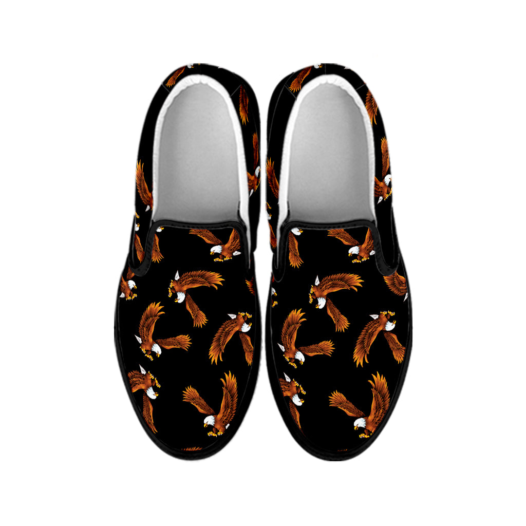 White And Brown Eagle Pattern Print Black Slip On Shoes
