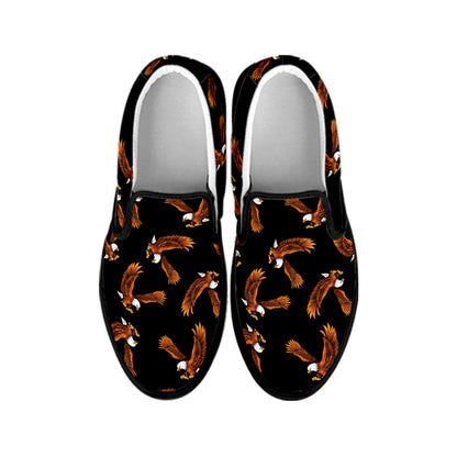 White And Brown Eagle Pattern Print Black Slip On Shoes