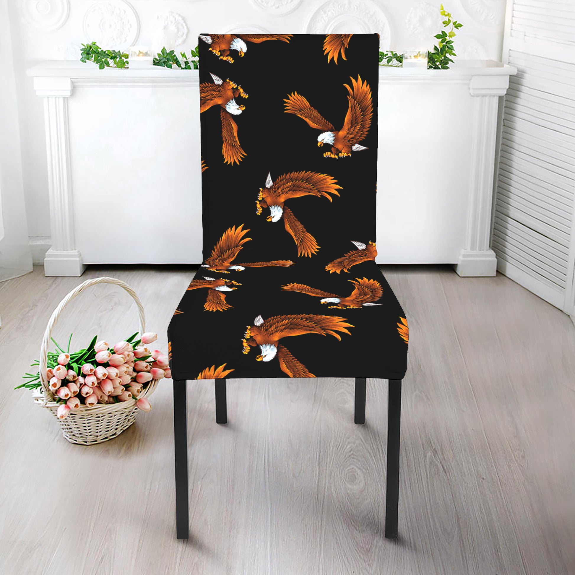 White And Brown Eagle Pattern Print Dining Chair Slipcover