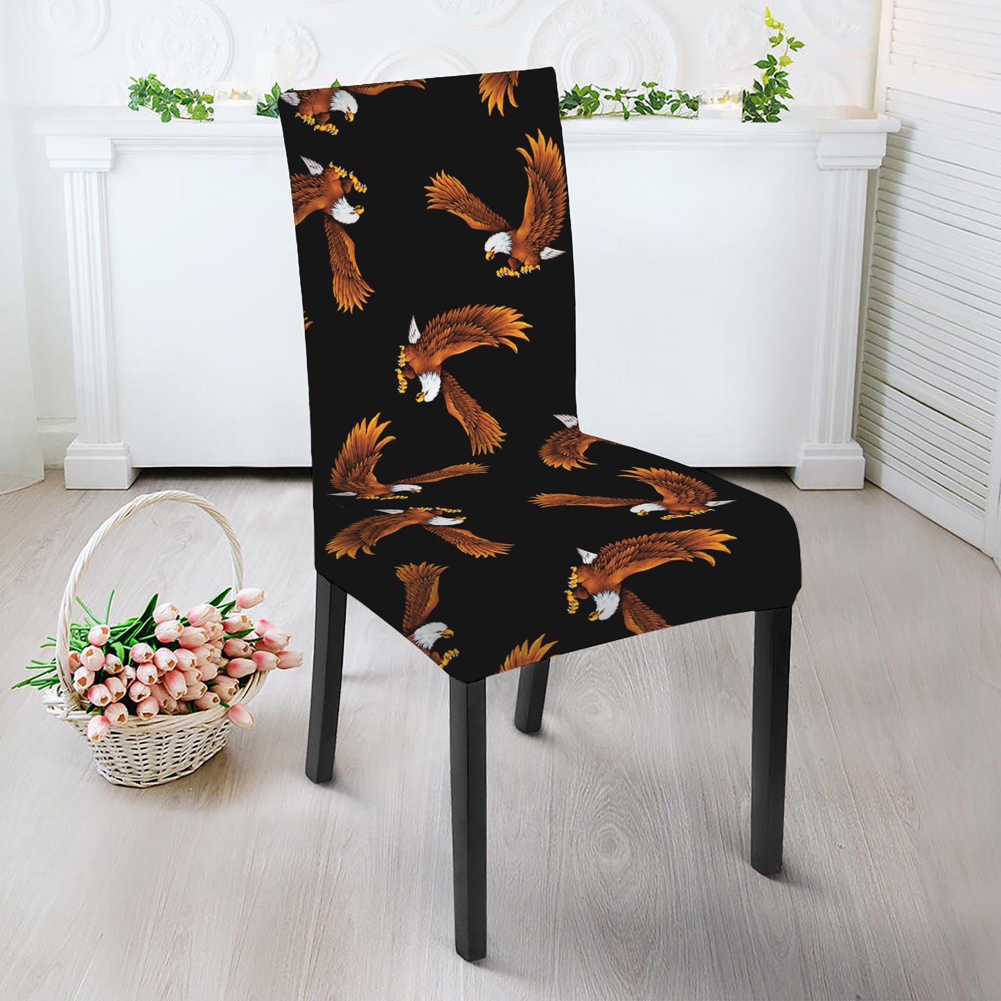 White And Brown Eagle Pattern Print Dining Chair Slipcover