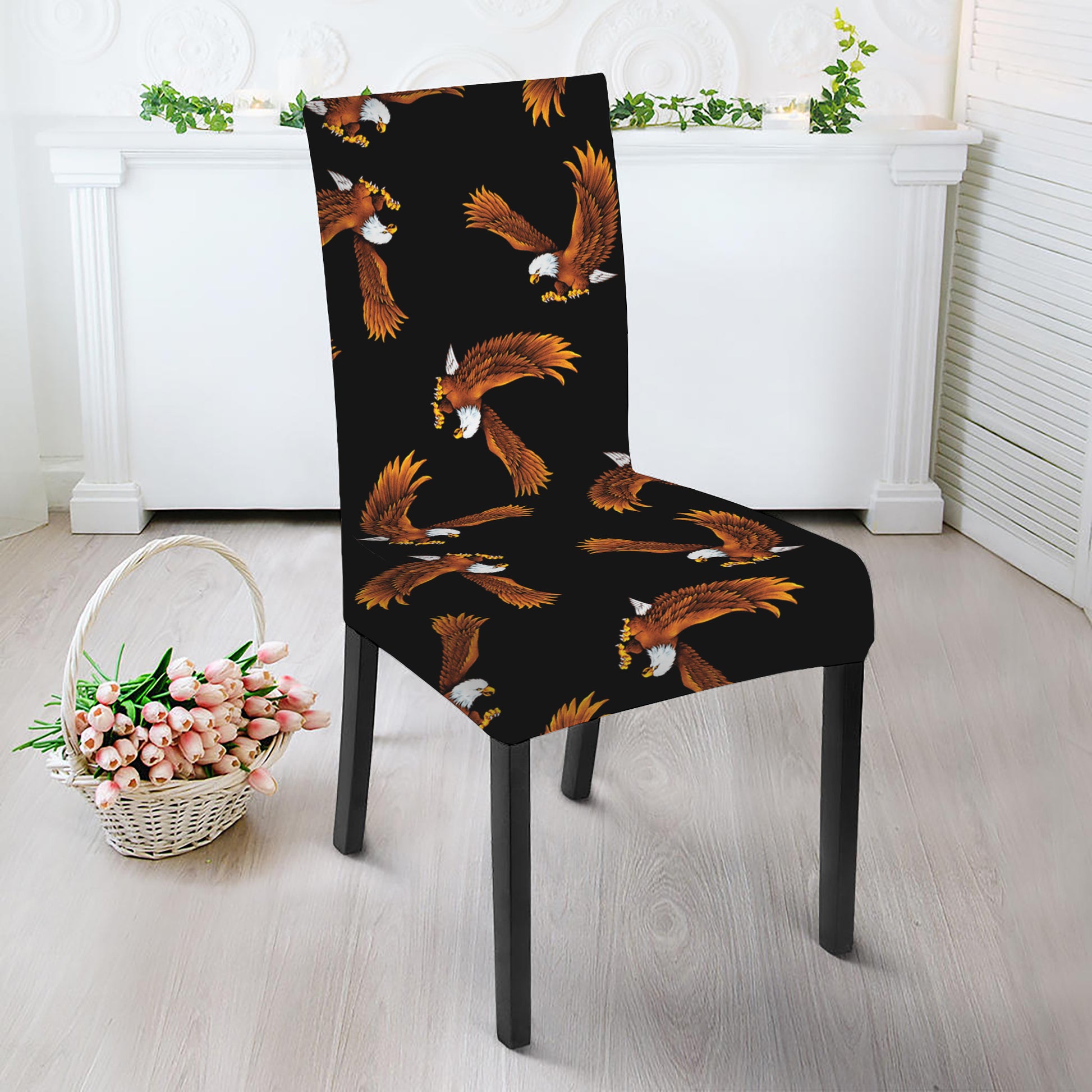 White And Brown Eagle Pattern Print Dining Chair Slipcover