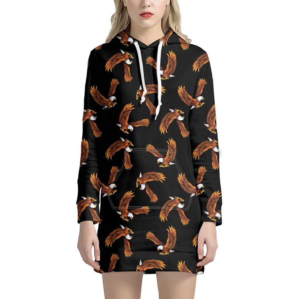 White And Brown Eagle Pattern Print Hoodie Dress