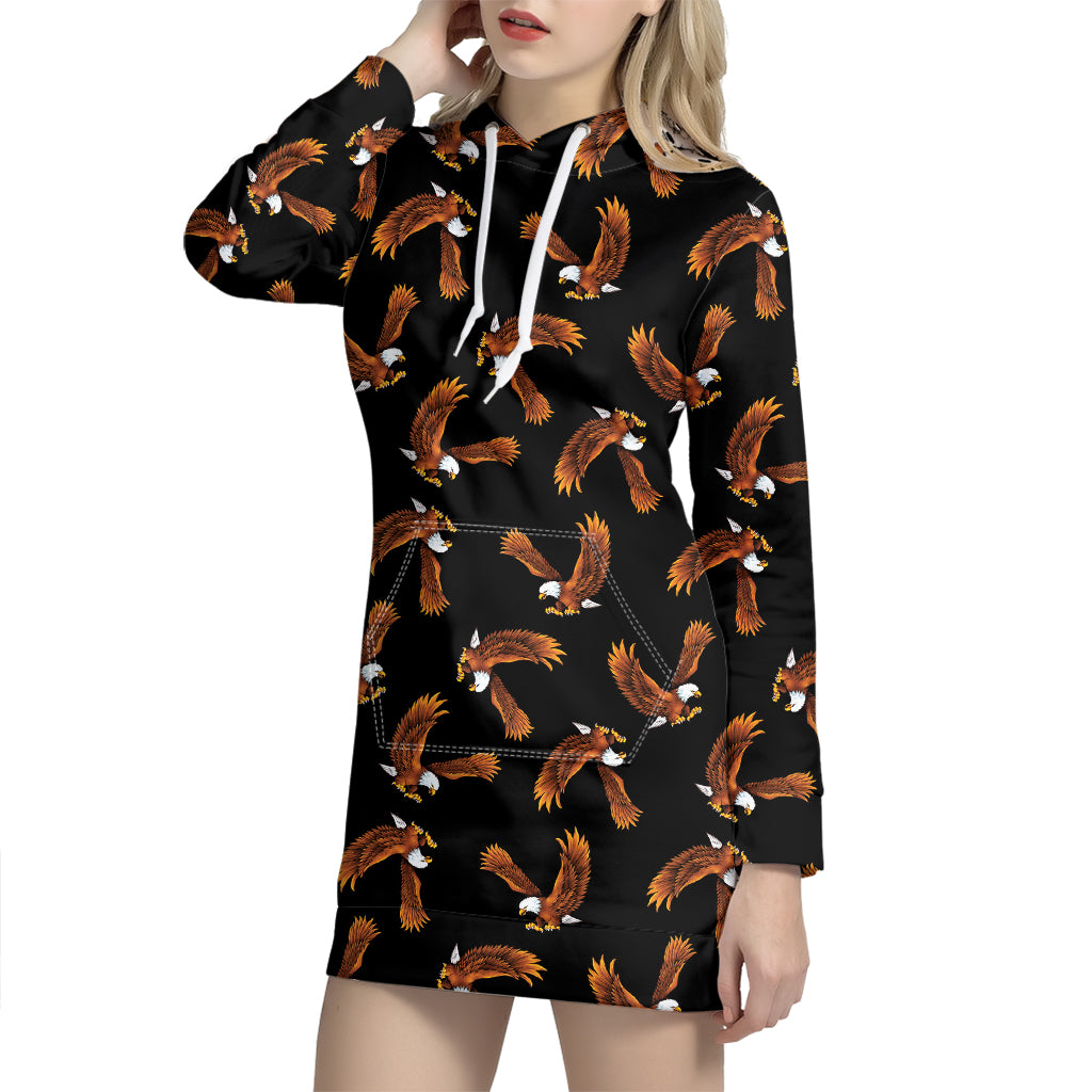 White And Brown Eagle Pattern Print Hoodie Dress