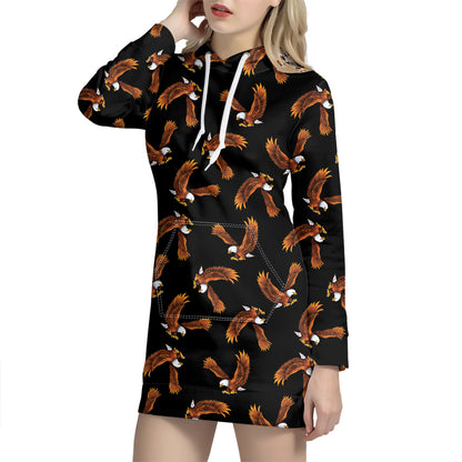 White And Brown Eagle Pattern Print Hoodie Dress