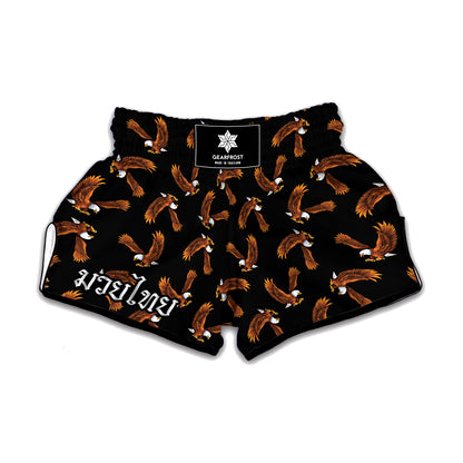 White And Brown Eagle Pattern Print Muay Thai Boxing Shorts