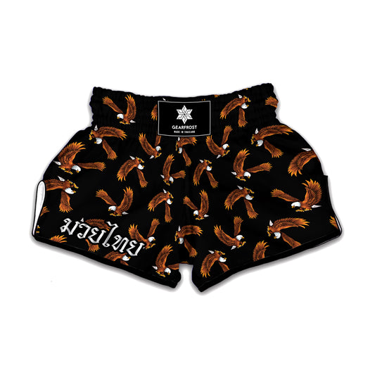 White And Brown Eagle Pattern Print Muay Thai Boxing Shorts