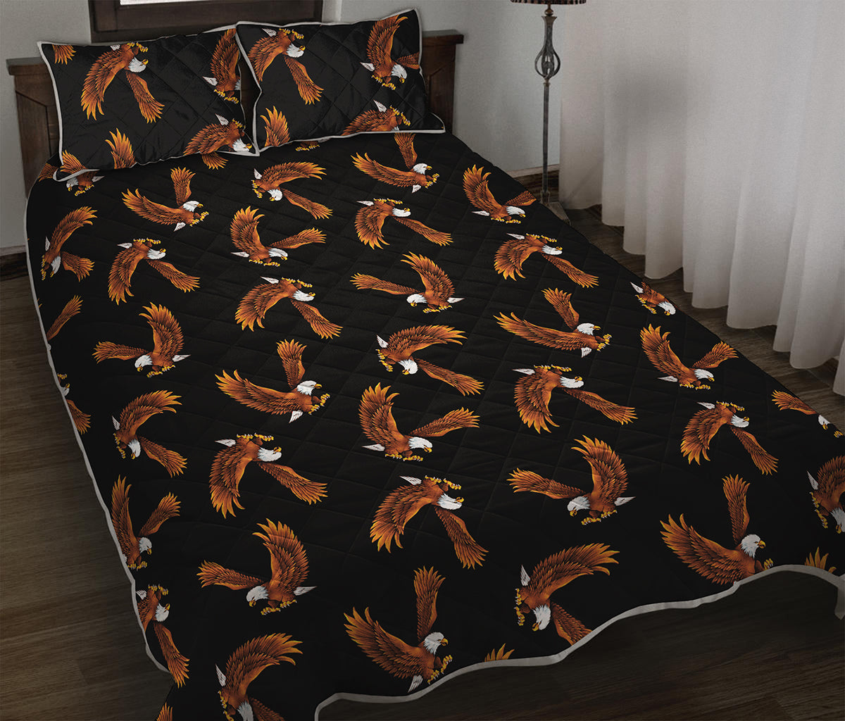 White And Brown Eagle Pattern Print Quilt Bed Set