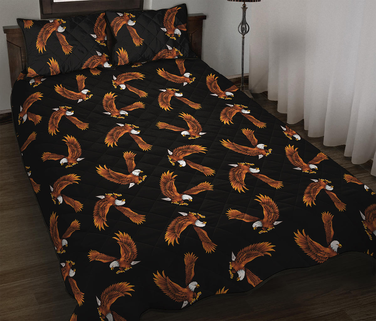 White And Brown Eagle Pattern Print Quilt Bed Set