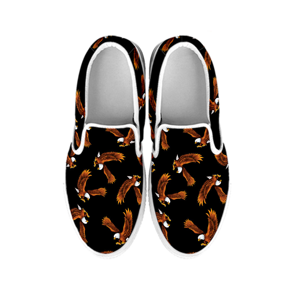 White And Brown Eagle Pattern Print White Slip On Shoes