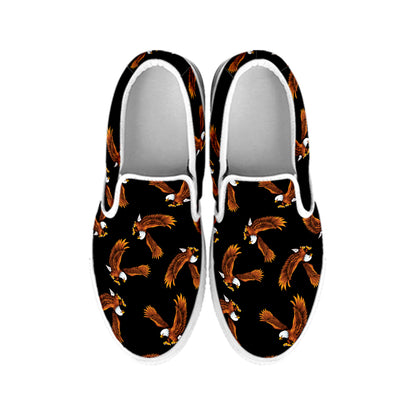 White And Brown Eagle Pattern Print White Slip On Shoes