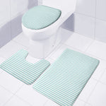 White And Cyan Striped Pattern Print 3 Piece Bath Mat Set