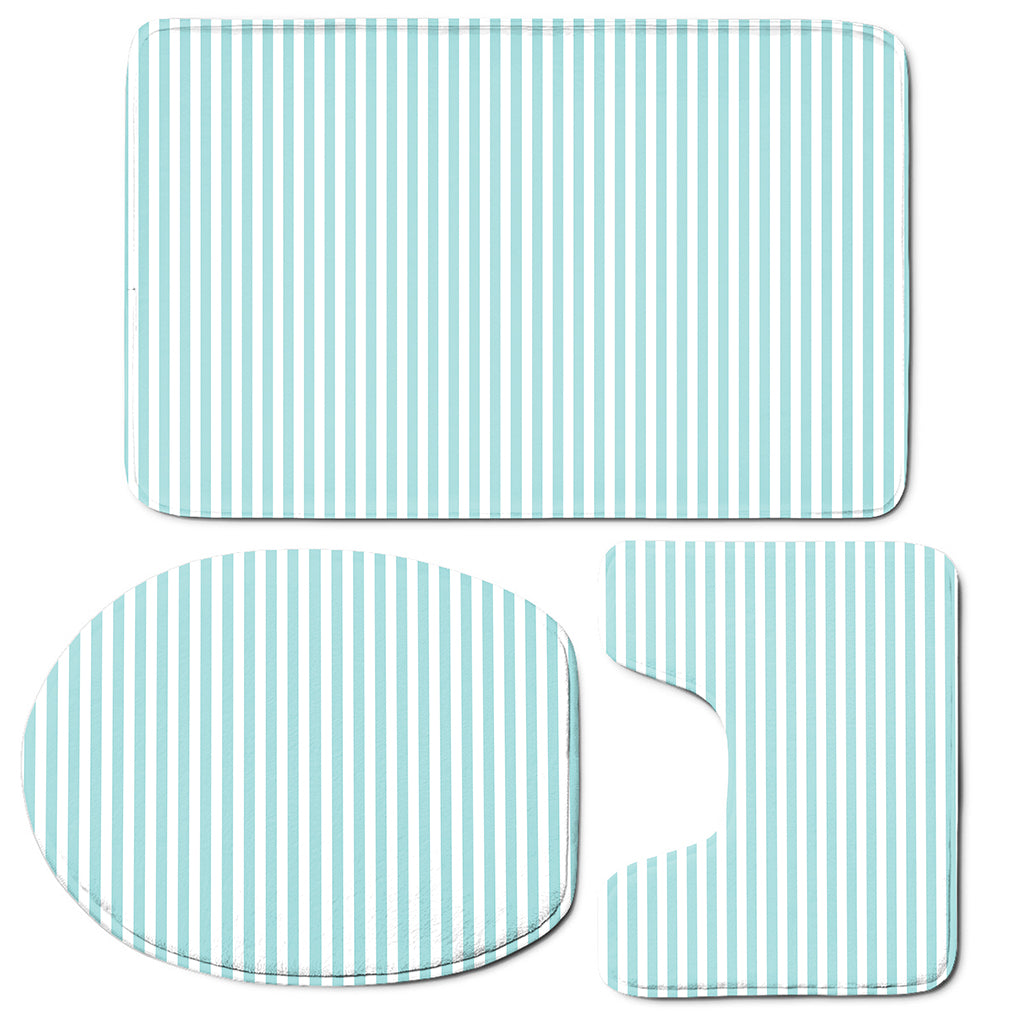 White And Cyan Striped Pattern Print 3 Piece Bath Mat Set