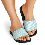 White And Cyan Striped Pattern Print Black Slide Sandals