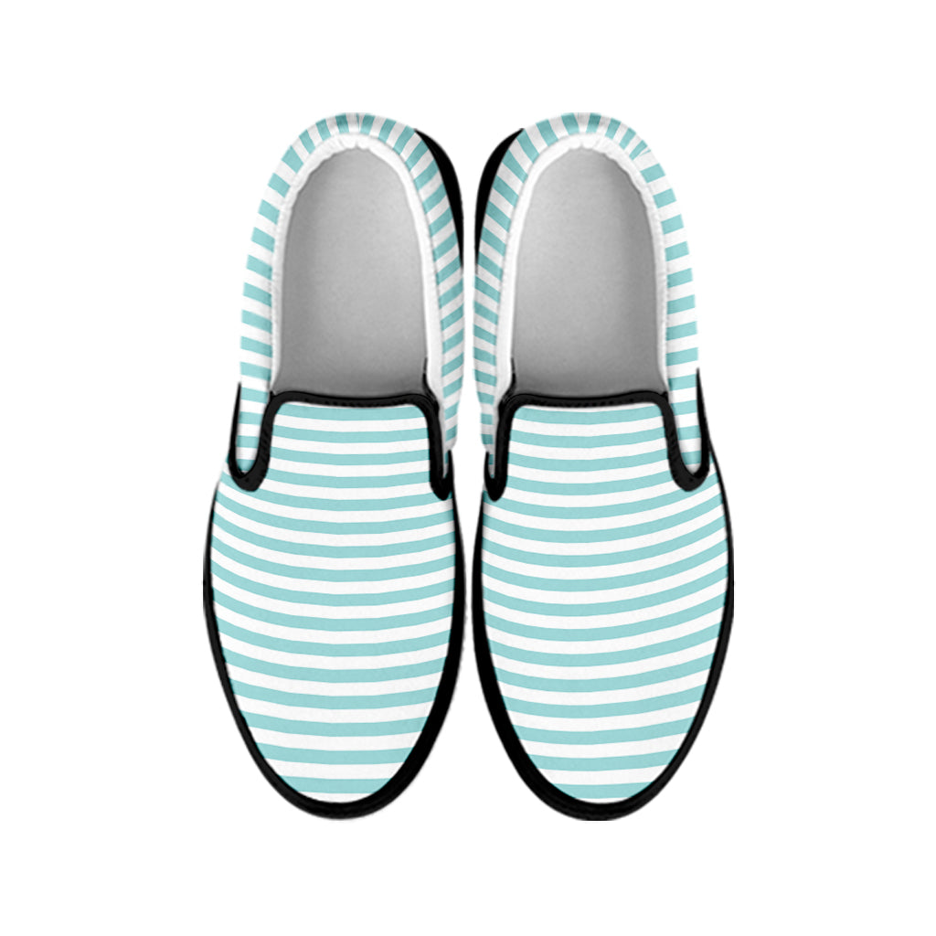 White And Cyan Striped Pattern Print Black Slip On Shoes