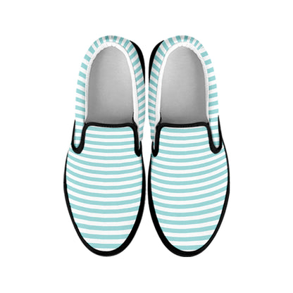 White And Cyan Striped Pattern Print Black Slip On Shoes