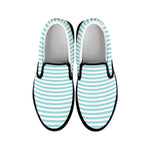 White And Cyan Striped Pattern Print Black Slip On Shoes