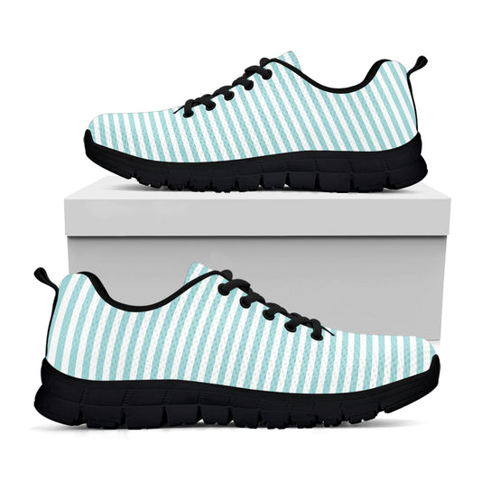 White And Cyan Striped Pattern Print Black Sneakers