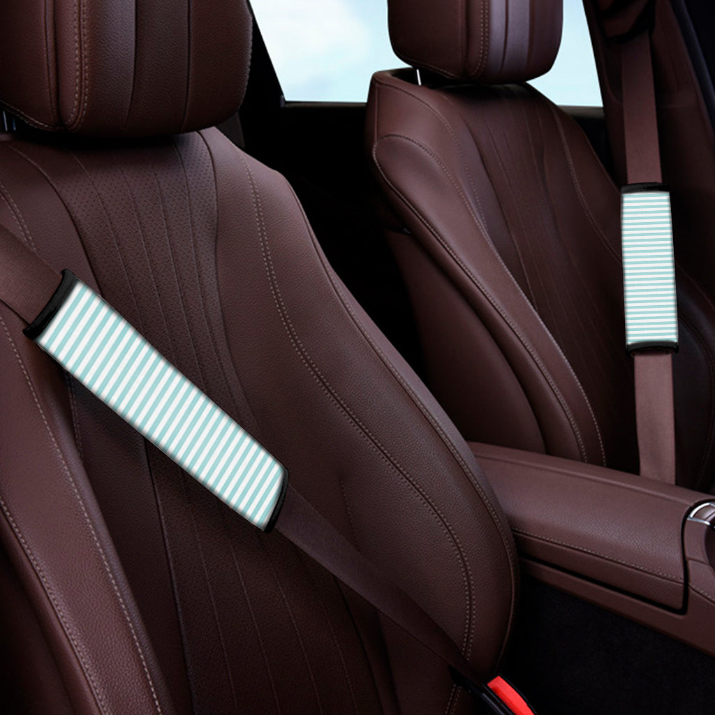 White And Cyan Striped Pattern Print Car Seat Belt Covers