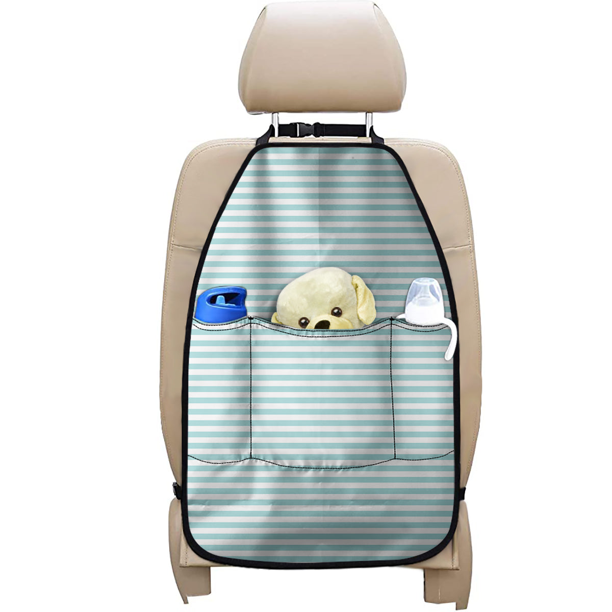 White And Cyan Striped Pattern Print Car Seat Organizers
