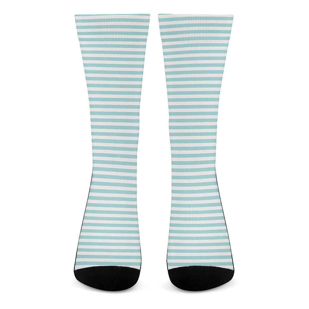 White And Cyan Striped Pattern Print Crew Socks