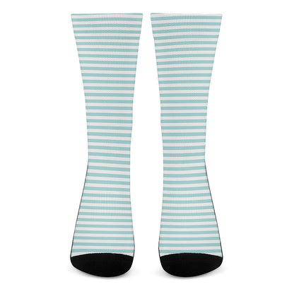 White And Cyan Striped Pattern Print Crew Socks