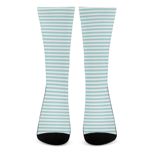 White And Cyan Striped Pattern Print Crew Socks