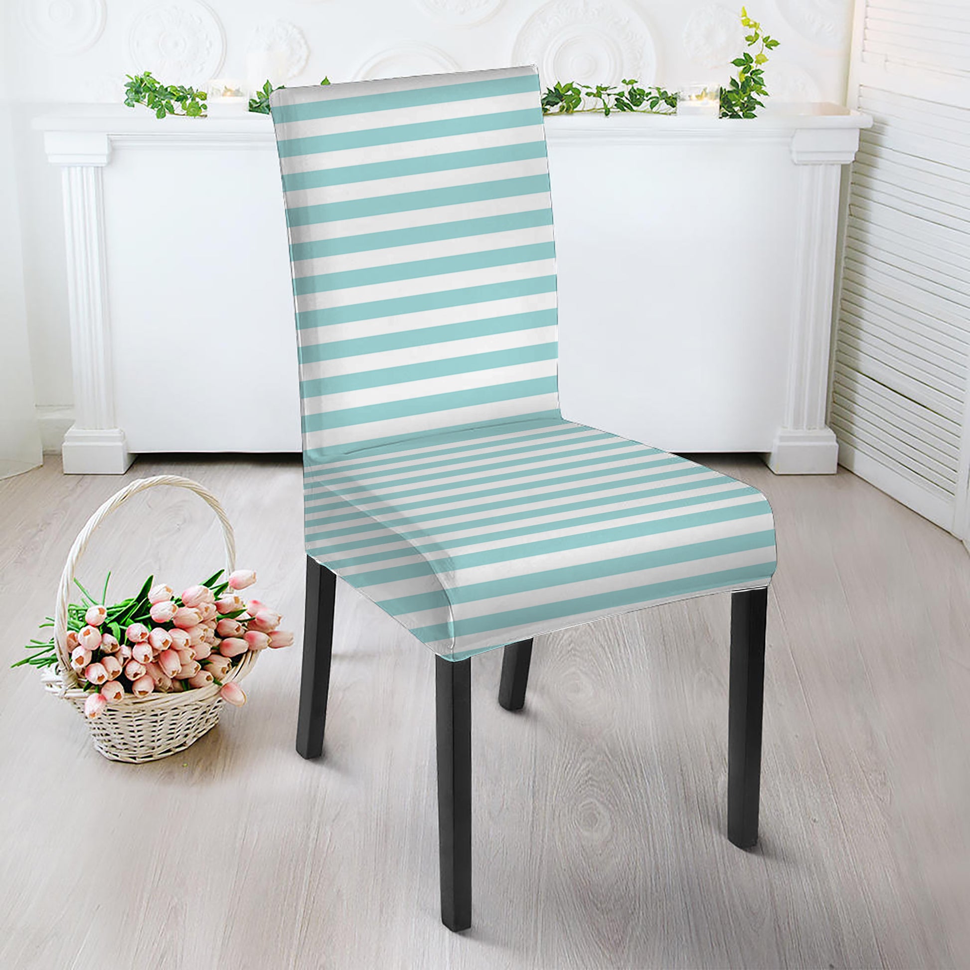 White And Cyan Striped Pattern Print Dining Chair Slipcover