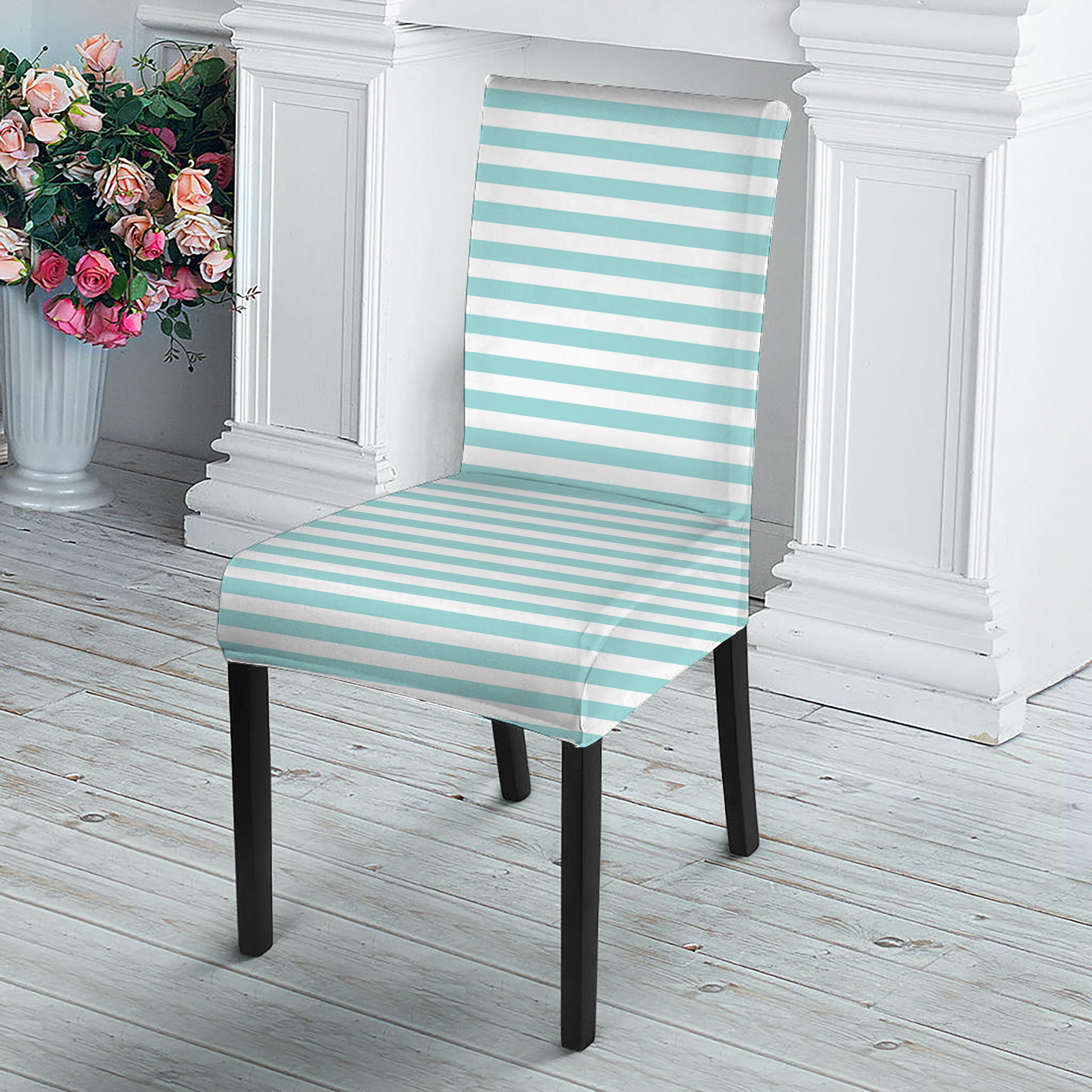 White And Cyan Striped Pattern Print Dining Chair Slipcover