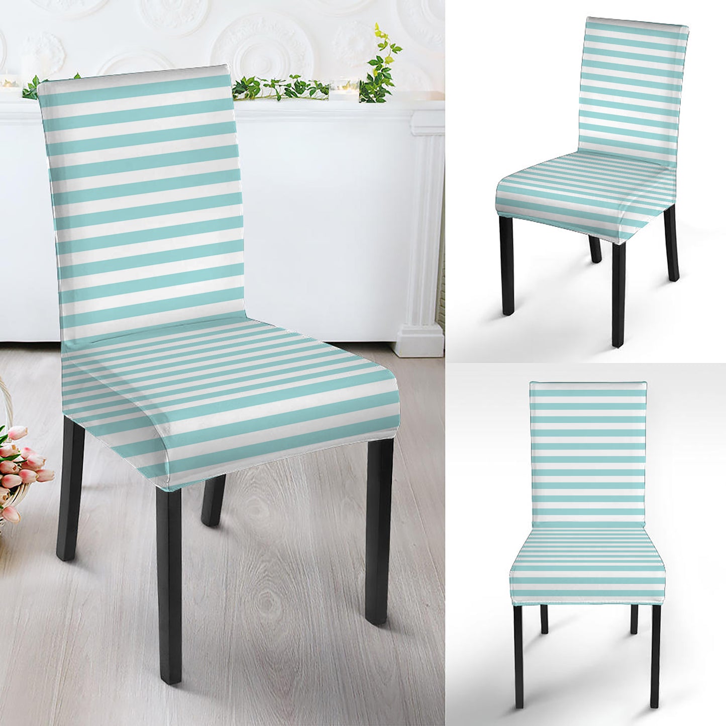White And Cyan Striped Pattern Print Dining Chair Slipcover