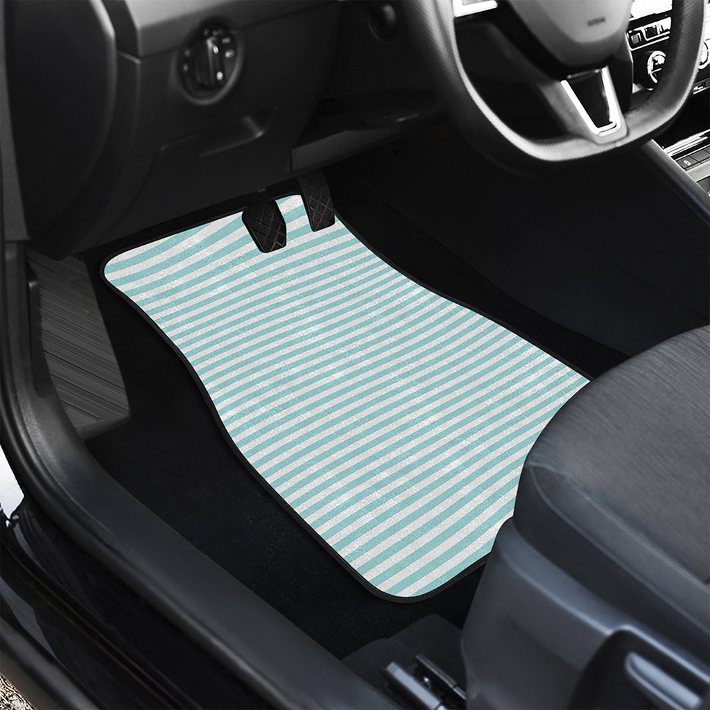 White And Cyan Striped Pattern Print Front and Back Car Floor Mats