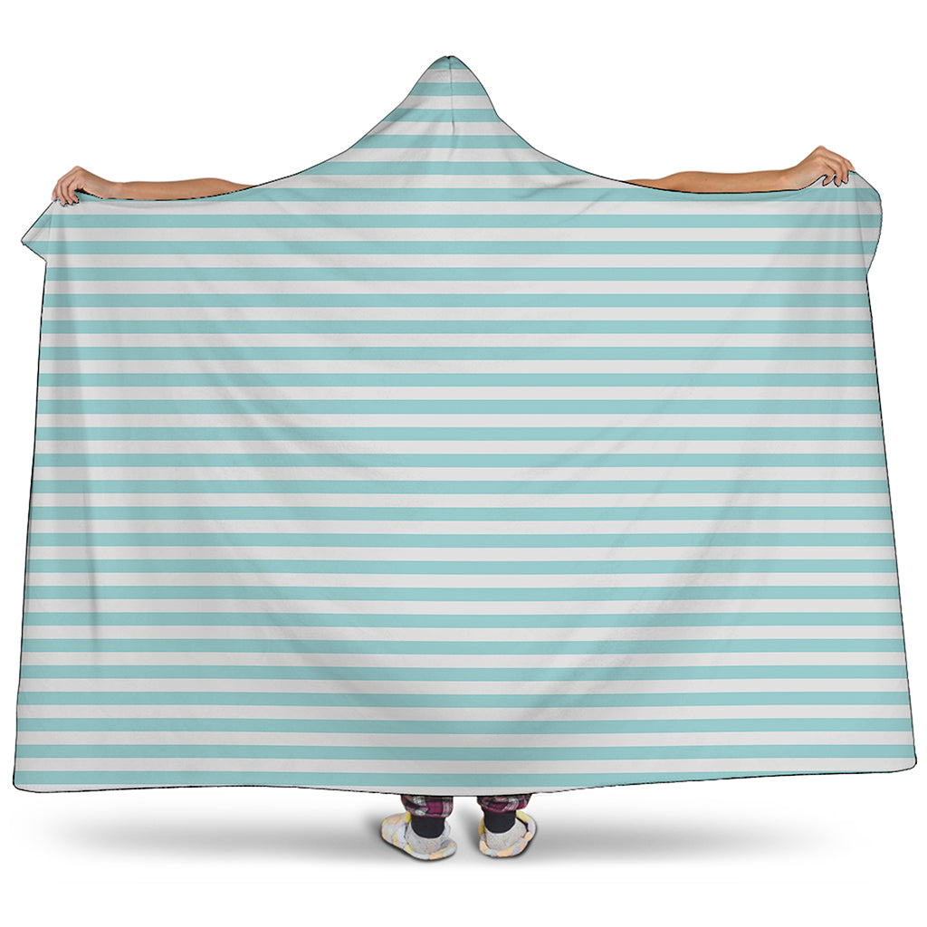 White And Cyan Striped Pattern Print Hooded Blanket