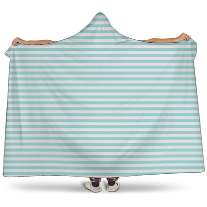 White And Cyan Striped Pattern Print Hooded Blanket