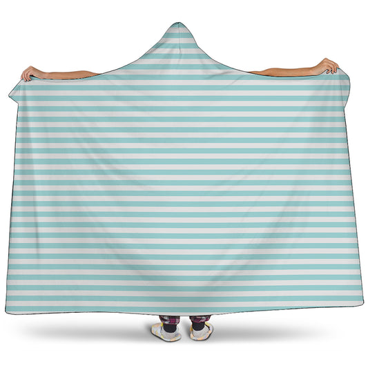 White And Cyan Striped Pattern Print Hooded Blanket