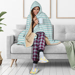 White And Cyan Striped Pattern Print Hooded Blanket