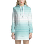 White And Cyan Striped Pattern Print Hoodie Dress