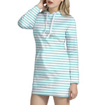 White And Cyan Striped Pattern Print Hoodie Dress