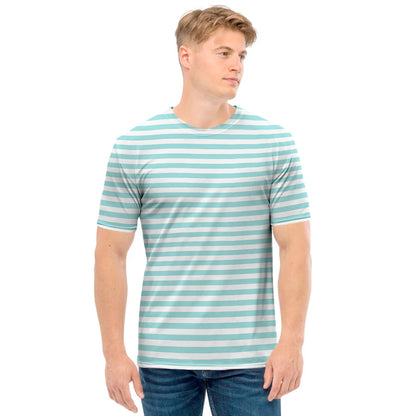 White And Cyan Striped Pattern Print Men's T-Shirt