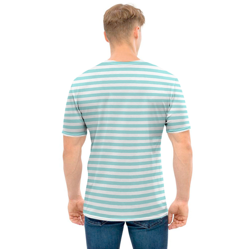 White And Cyan Striped Pattern Print Men's T-Shirt