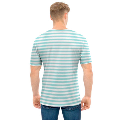 White And Cyan Striped Pattern Print Men's T-Shirt