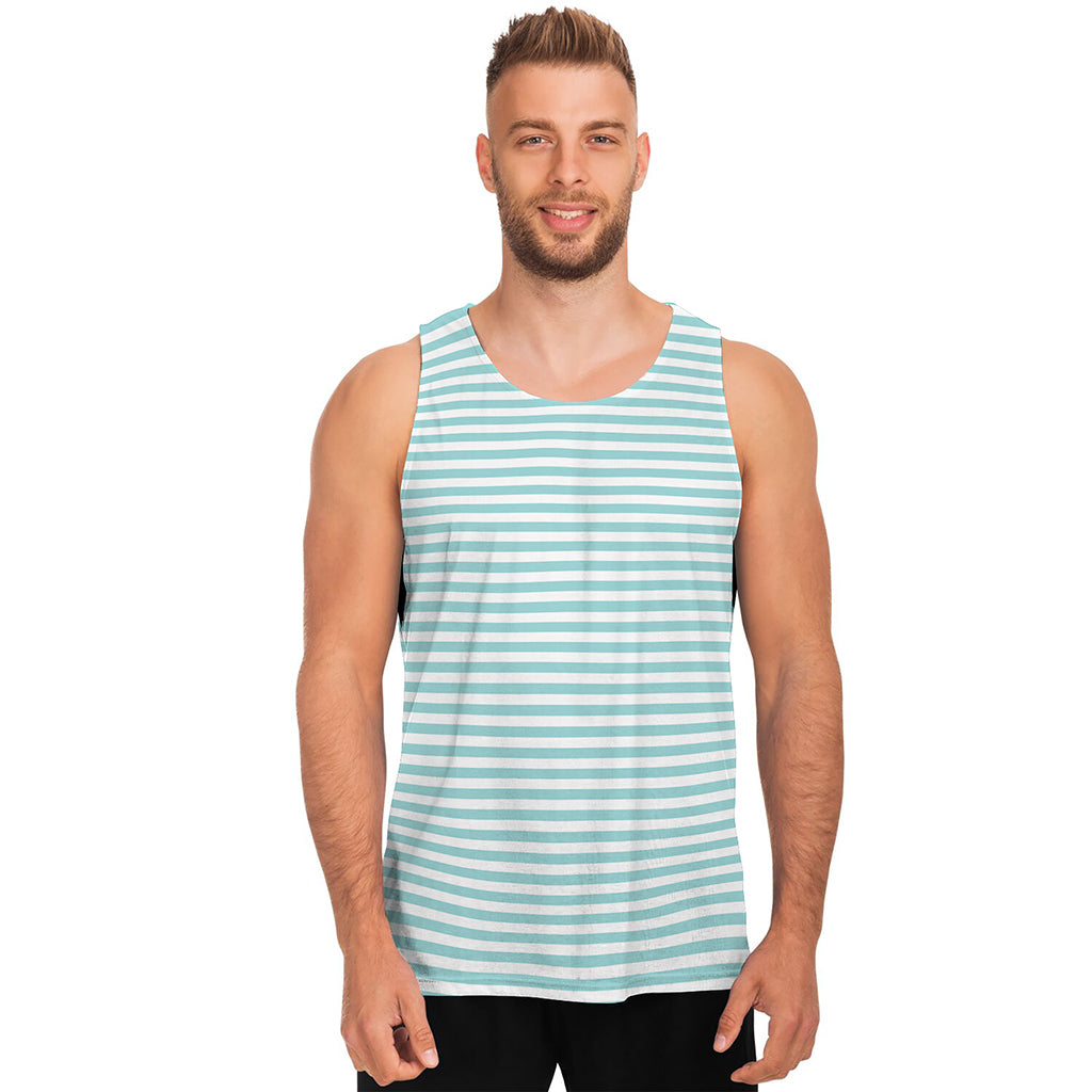 White And Cyan Striped Pattern Print Men's Tank Top