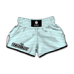 White And Cyan Striped Pattern Print Muay Thai Boxing Shorts